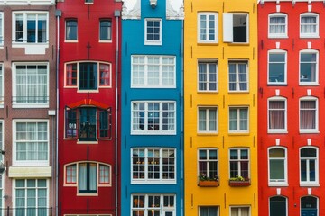Colorful facades of typical dutch houses in a row are creating a cheerful atmosphere