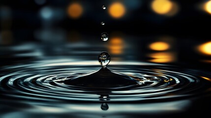 A close-up image of a water droplet falling into a calm surface, creating ripples and reflections of light.