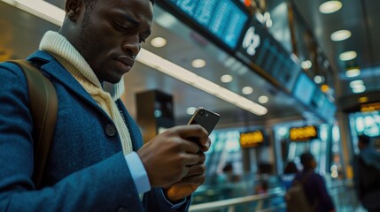 Man reviewing travel documents and flight details at an airport with luggage, preparing for an international flight