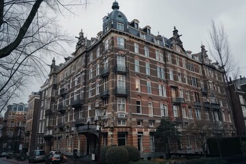 Obraz premium Traditional brick building with ornate details, showcasing the architectural charm of amsterdam