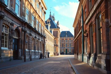 Fototapeta premium Empty narrow street with cobblestones leading to a government building bathed in warm sunlight