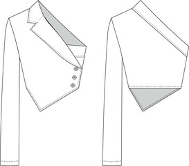 one shoulder long sleeve collared asymmetric neck buttoned triangle hem blouse top jacket shirt template technical drawing flat sketch cad mockup fashion woman design style model
