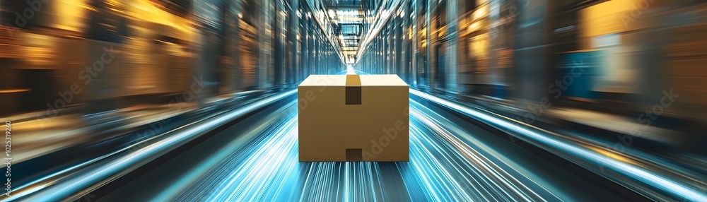 Aufkleber a fast-moving cardboard box on a conveyor belt in a modern warehouse, symbolizing efficiency and swi