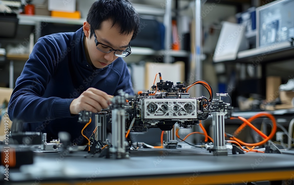 Aufkleber a focused technician assembling a robotic device in a modern workshop, showcasing innovation and eng