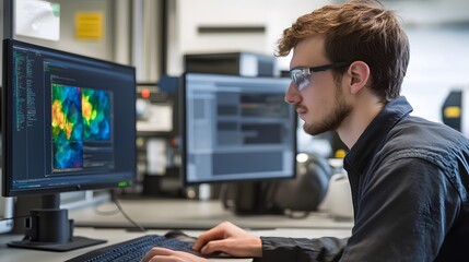 A focused individual working on a computer, analyzing data with vibrant visuals on the screen in a modern workspace.