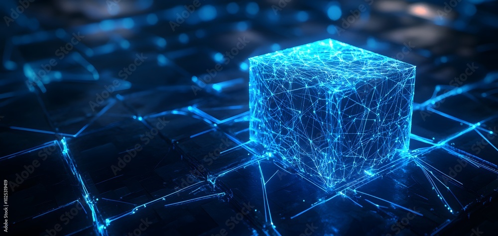 Poster a glowing blue cube surrounded by interconnected lines, representing digital technology and abstract