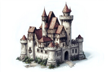 Obraz premium Historic Castle with Red Roofs and Stone Walls on an isolated white background