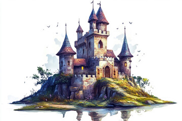 Historic Castle with Red Roofs and Stone Walls on an isolated white background