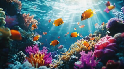 An ethereal underwater scene featuring colorful fish and coral reefs