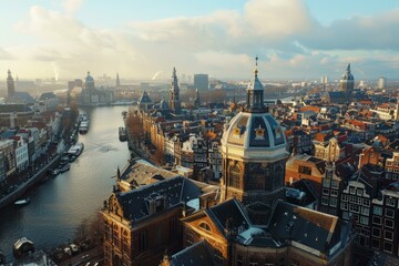 Fototapeta premium Birds eye view of amsterdam's iconic canals and historic buildings bathed in the warm glow of the setting sun
