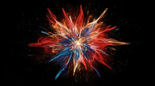 An intricate firework design with layered bursts of red, blue, and gold, isolated on a black background