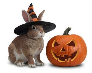 rabbit with a witch's hat and a pumpkin