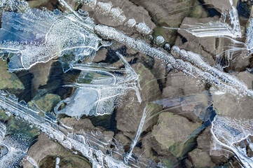 Full frame of frozen water surface in a river in the form of ice Abstract ice background. Blue background with cracks on the ice surface