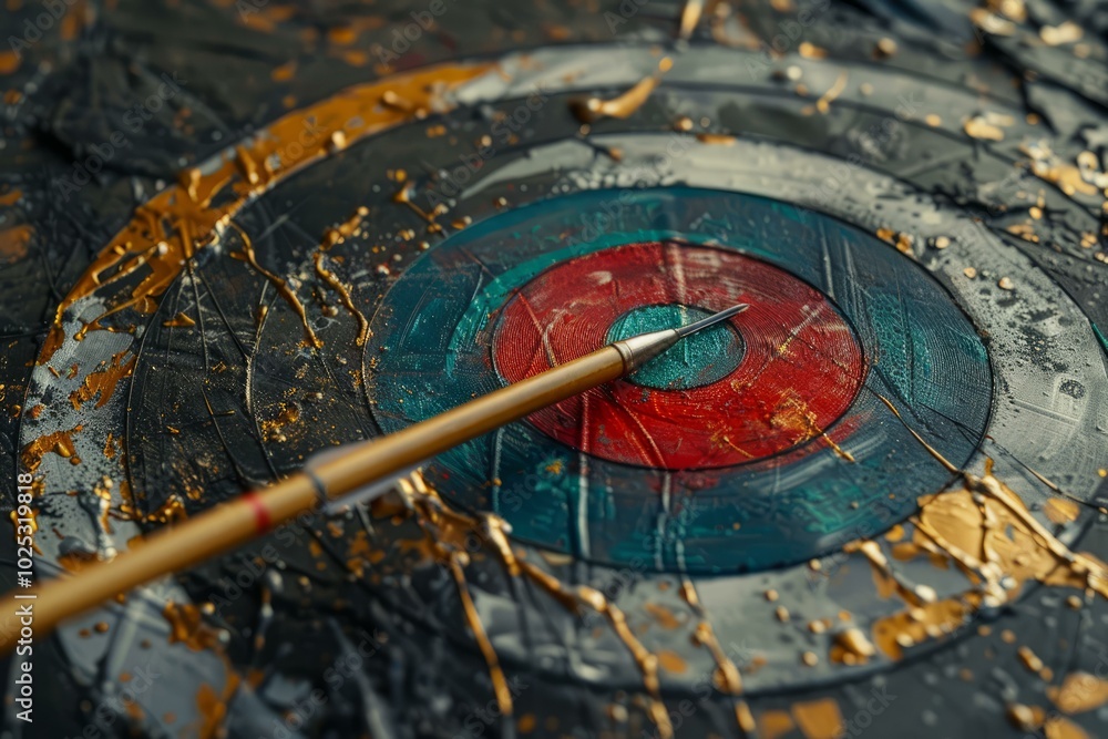 Poster golden dart is pinned on a target painted on a canvas with gold and silver paint symbolizing success