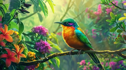 Rare exotic bird on branch in vibrant jungle