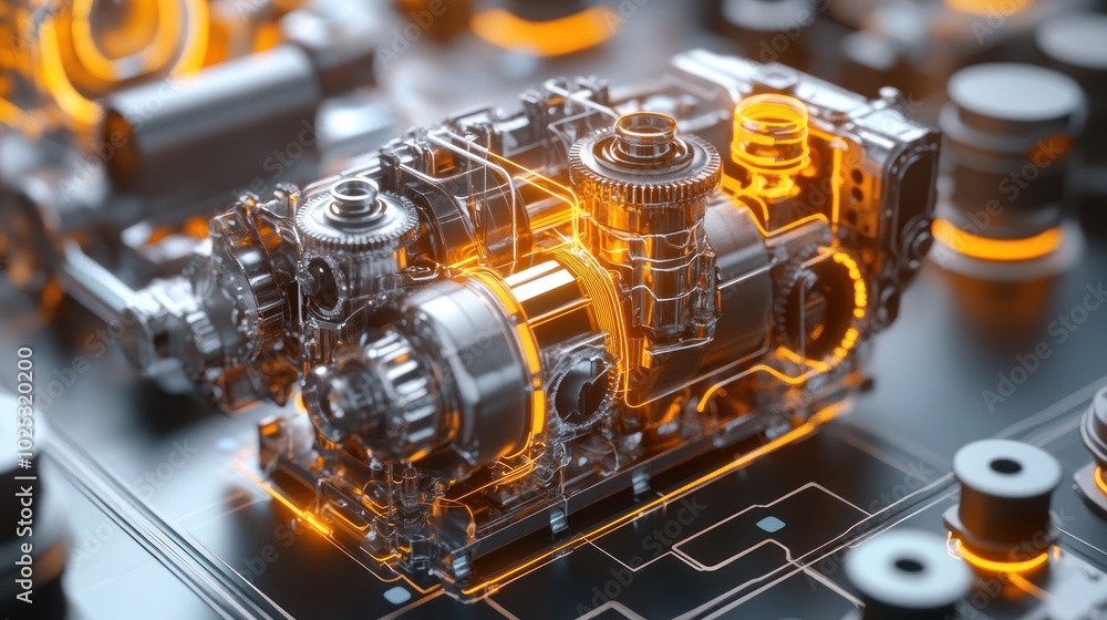 Poster close-up of a transparent engine with orange glowing lines