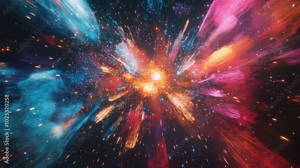 Poster colorful fireworks in starburst shapes, exploding with brilliant trails of light