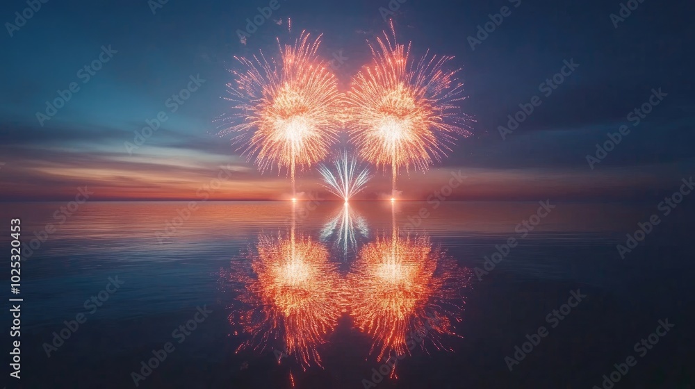 Poster fireworks bursting in symmetrical patterns over a calm ocean, creating a mesmerizing display