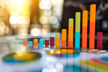 Colorful bar graph showing growth on a laptop with bokeh lights in the background