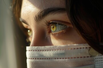 Close-up of a young womans eye wearing a face mask, emphasizing health, safety, and precautions during a pandemic