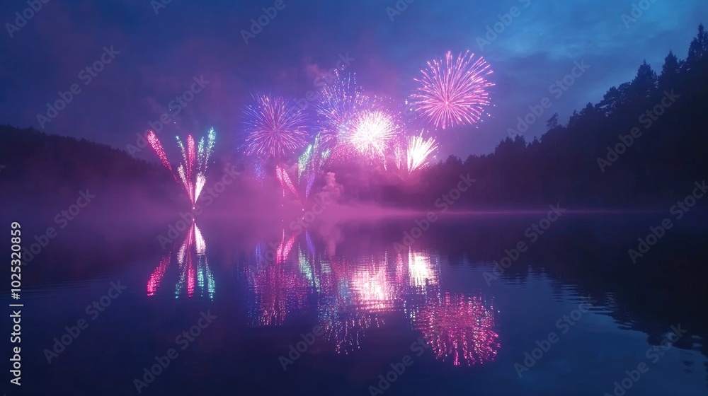 Poster multiple colorful fireworks exploding in unison over a calm lake, perfectly mirrored in the water be