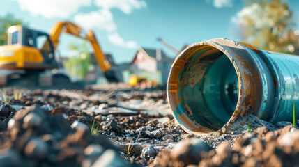 Fototapeta premium Pipe is laying on the ground next to a house. The pipe is covered in dirt and rocks