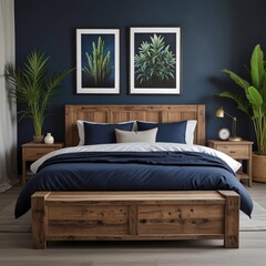 Modern bedroom with wooden bed in blue colors with plants