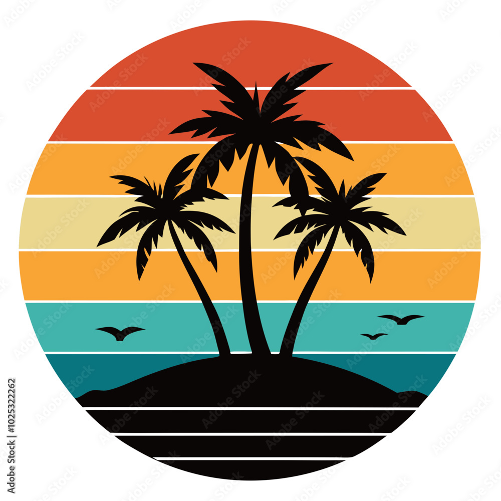 Wall mural island with palm trees silhouette on retro vintage background vector art illustration t-shirt design