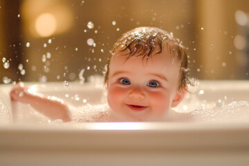 A baby splashing in a bath filled with bubbles, their face lit up with delight as they enjoy the sensory experience of water play