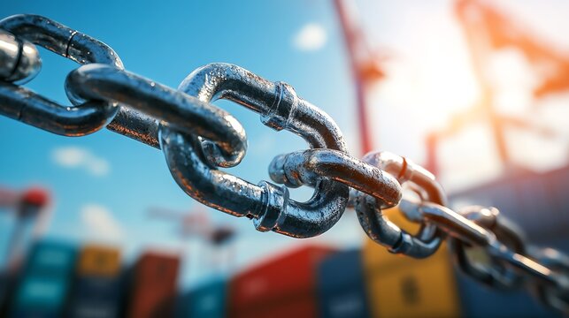 Close-up of a metal chain, industrial setting with containers in the background.
