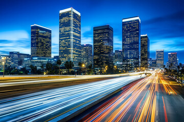 Obraz premium A bustling cityscape at twilight with illuminated skyscrapers