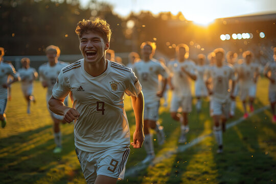 Team Celebrates Goal in Sunlight