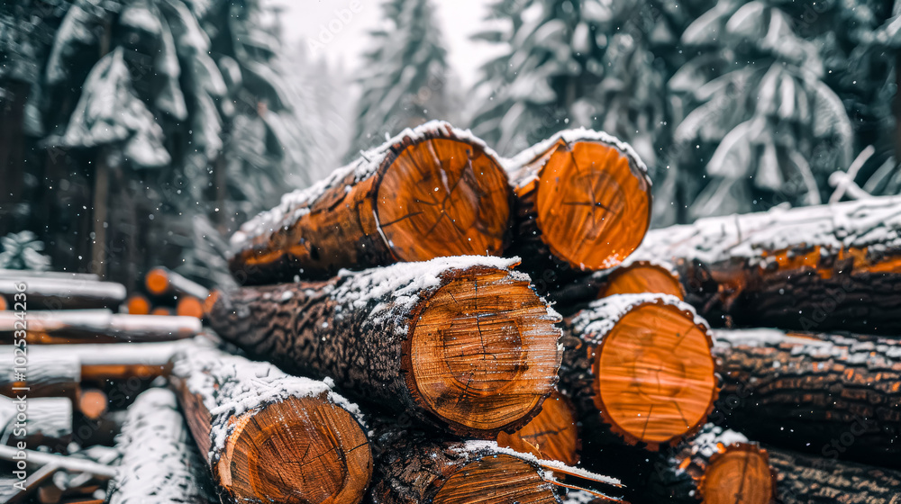 Aufkleber pile of logs in a forest. the logs are stacked on top of each other, and the scene has a rustic and 