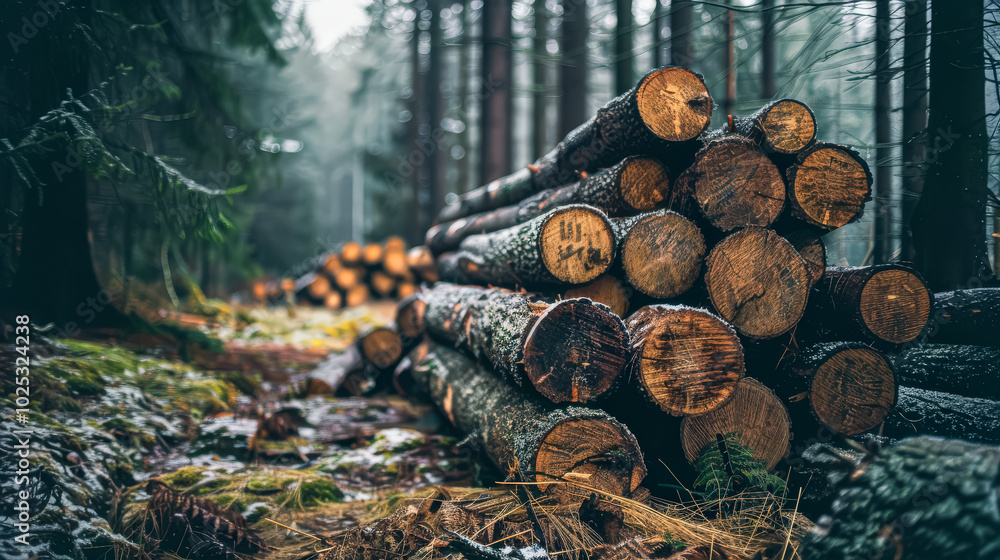 Aufkleber pile of logs in a forest. the logs are stacked on top of each other, and the scene has a rustic and 