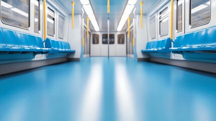 Obraz premium Empty subway train interior with blue seats and bright lighting.