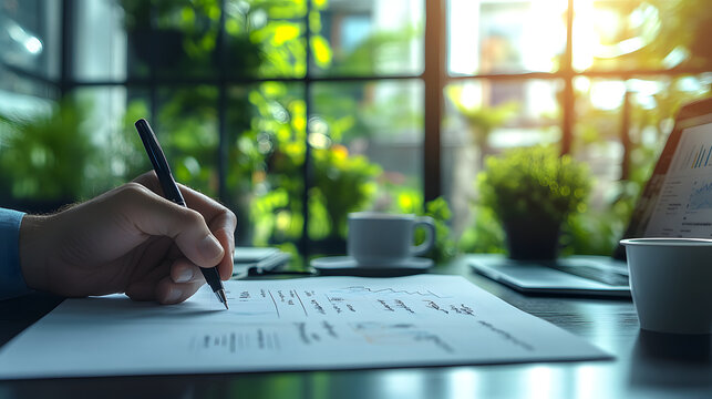 Writing notes in a bright, modern office surrounded by lush plants in the afternoon light. National Hand Writing Day concept
