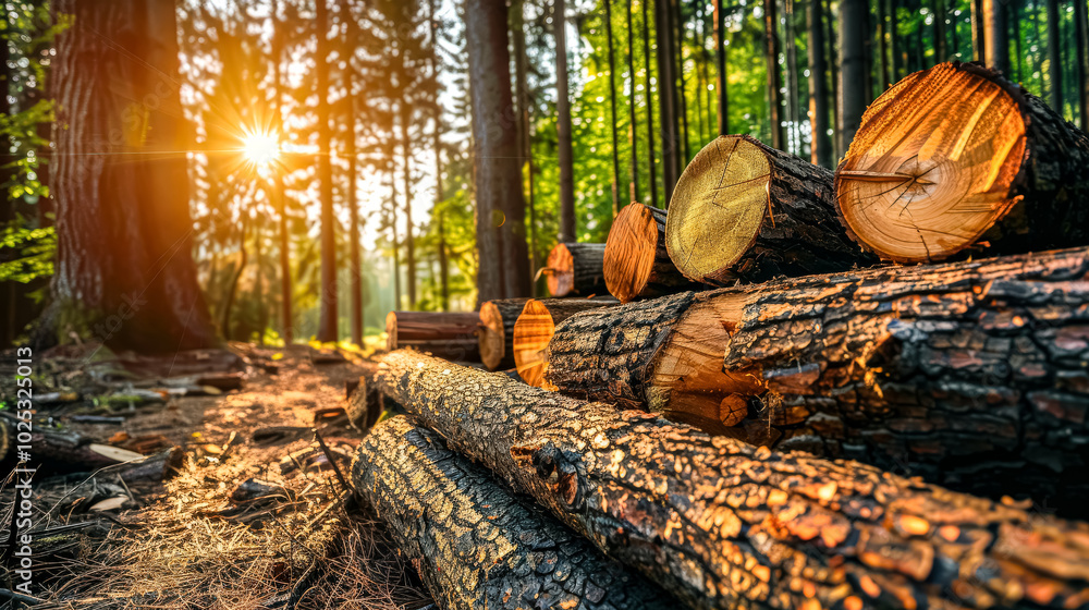 Aufkleber large pile of logs in a forest, with the sun shining brightly on them. the logs are arranged in a wa
