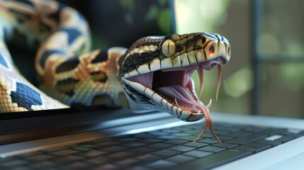 Python snake emerging from laptop keyboard symbolizing programming language and code development innovation