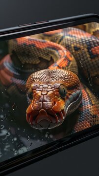 Python programming language advertisement symbolized by a snake on a smartphone screen, representing modern coding.