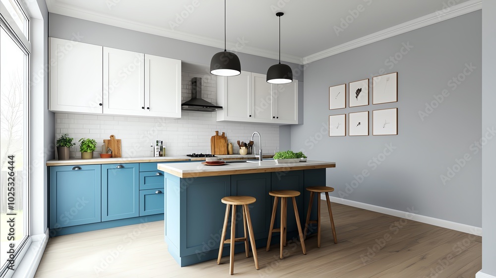 Wall mural Modern kitchen interior with blue cabinets and stylish decor, bright natural lighting.