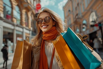 Excited woman carrying shopping bags sunglasses on sunny day bustling city street fashionable
