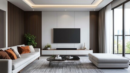 Fototapeta premium Modern living room interior with stylish furniture and natural light.