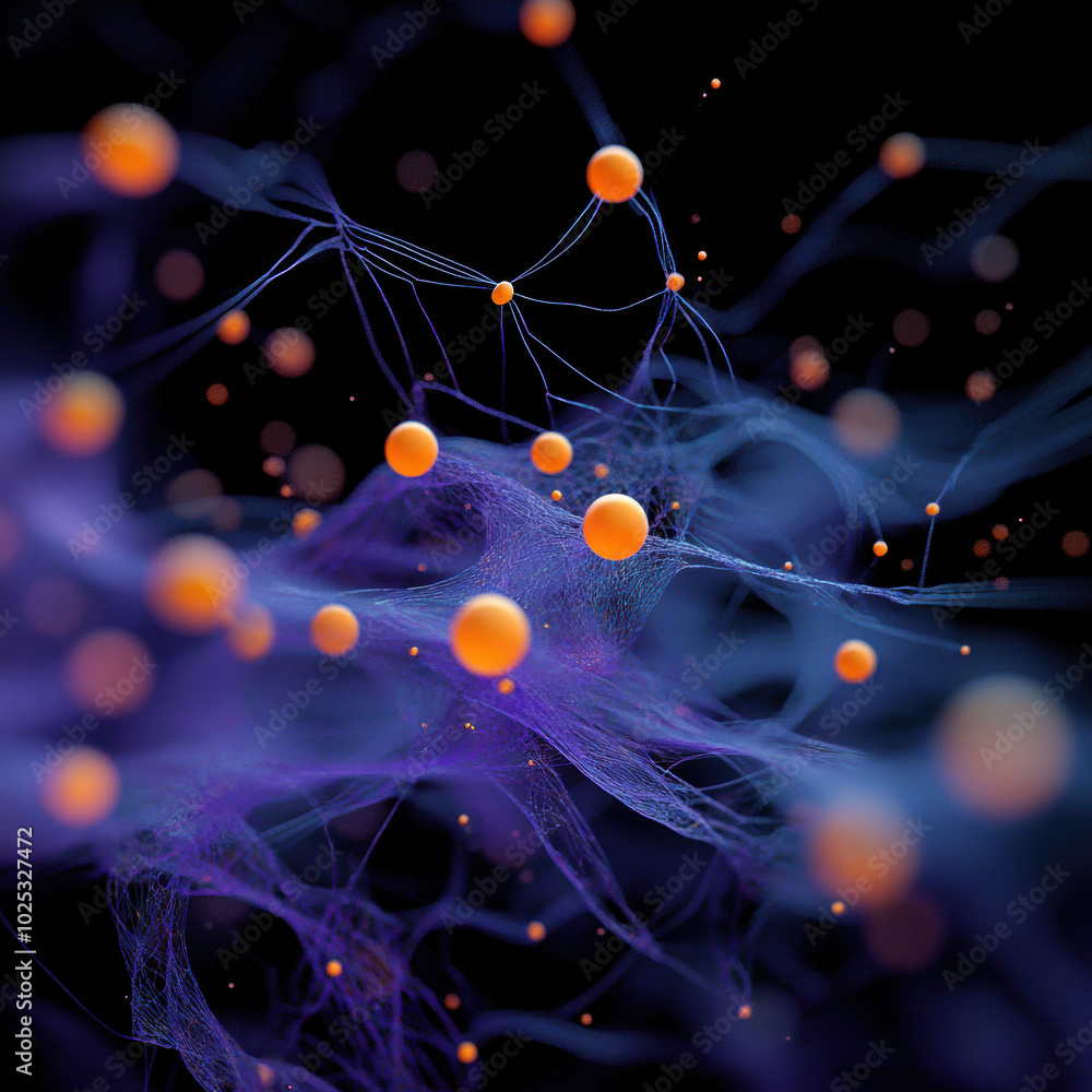 Poster vibrant and intricate biological environment showcasing interconnected structures and glowing partic