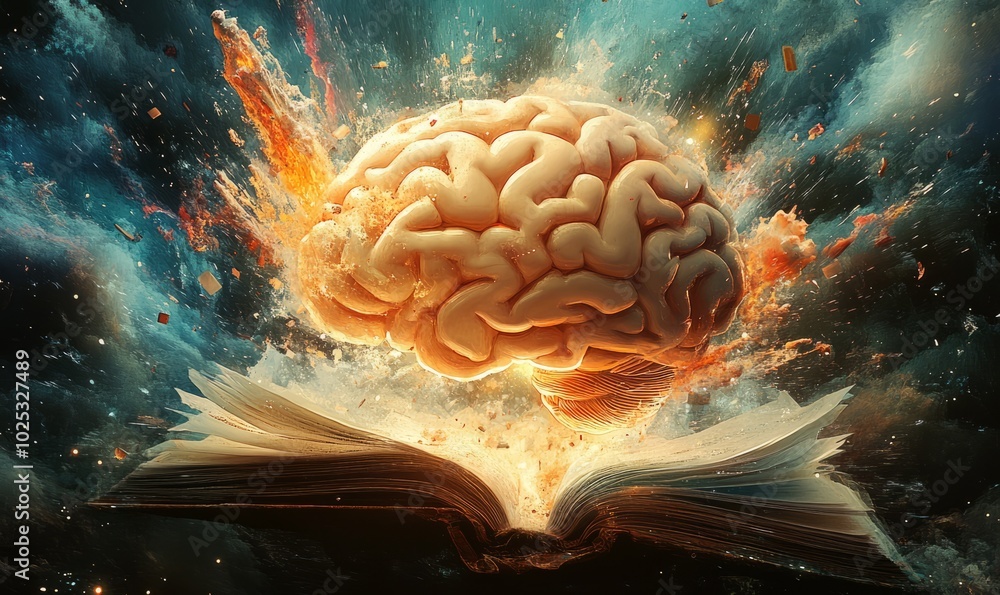 Poster concept art of a human brain exploding with knowledge and creativity