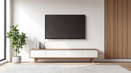 Modern living room with TV, plant and wooden decor, bright and spacious atmosphere.