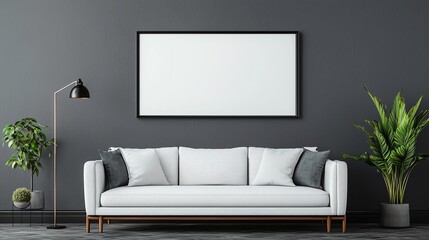 Modern living room with white couch, lamp, plants, and blank wall for decoration.