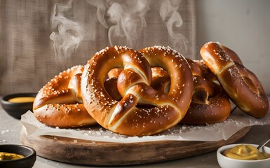 Artistic Arrangement of Freshly Baked Pretzels with Dipping Sauces