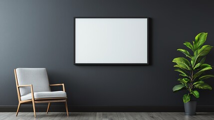 Modern room interior with armchair, plant, and blank wall art frame.