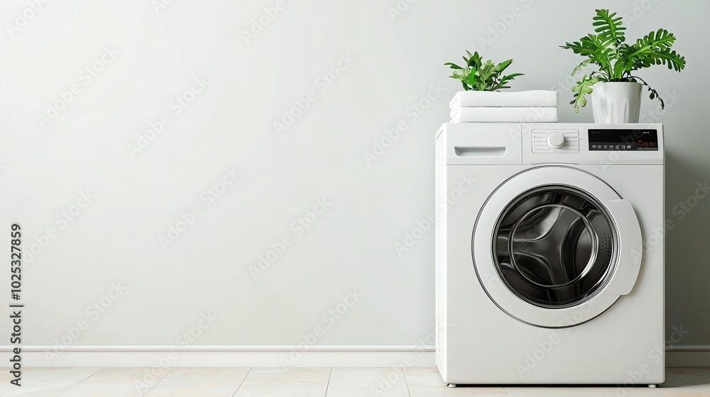 Wall mural Modern washing machine with plants on a minimalistic background.