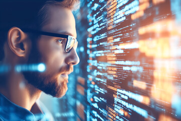 A cybersecurity expert analyzing lines of code for vulnerabilities, with digital visualizations representing network attacks and defense strategies, showcasing the importance of IT security